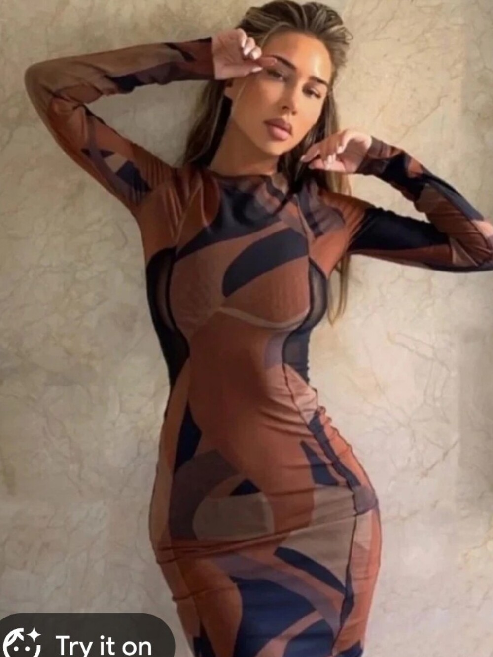 House of CB  Cassidy Brown & Black Abstract Long Sleeve Bodycon Dress